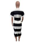 Spring Summer Women's Fashion Colorblock Turndown Collar Slim Fit Slit Dress