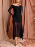 Autumn Winter Women’s Mesh Patchwork Long Sleeve See Through Off Shoulder Slim Fit Dress