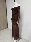 Autumn Winter Women’s Mesh Patchwork Long Sleeve See Through Off Shoulder Slim Fit Dress