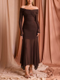 Autumn Winter Women’s Mesh Patchwork Long Sleeve See Through Off Shoulder Slim Fit Dress