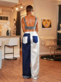 Women’s Fashion Blue White Color Block Loose Straight Leg Denim Pants