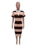 Spring Summer Women's Fashion Colorblock Turndown Collar Slim Fit Slit Dress