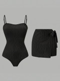 Women’s Solid Color Strap One Piece Swimsuit with Cover Up Skirt
