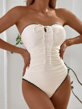 Women Strapless Drawstring Ruched Ruffle Edge One Piece Swimsuit