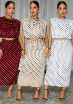 Women’s Polka Dot Sleeveless Round Neck Top Slim Waist Bodycon Skirt Two Piece Set Women’s Polka Dot Sleeveless Round Neck Top Slim Waist Bodycon Skirt Two Piece Set
