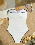 Women Strapless Drawstring Ruched Ruffle Edge One Piece Swimsuit