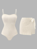 Women’s Solid Color Strap One Piece Swimsuit with Cover Up Skirt