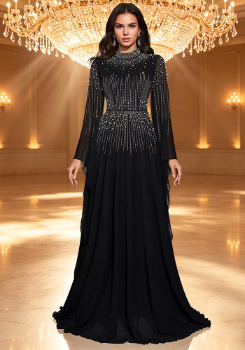 Women’s Elegant Beaded Chiffon Flutter Sleeve Flare Evening Dress