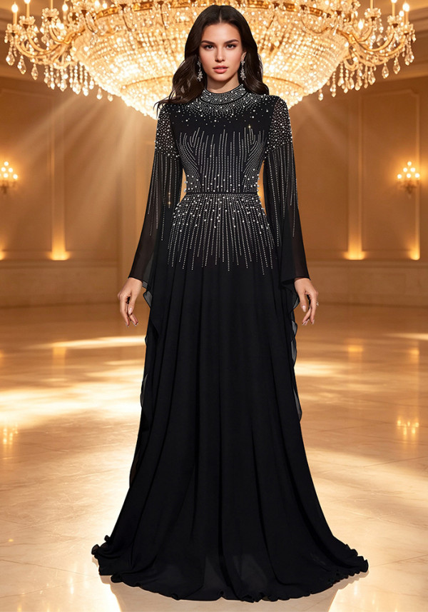 Women’s Elegant Beaded Chiffon Flutter Sleeve Flare Evening Dress