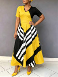 Women’s Elegant V Neck Geometric Color Block High Waist A Line Dress