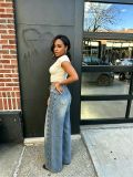 Women’s High Street Washed Side Multi Button Detail Wide Leg Denim Pants