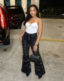 Women’s Print Side Lace Up Button Detail Flare Leg Denim Pants