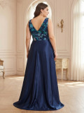 Plus Size Women’s Elegant V Neck Sequin Embroidered Satin Formal Party Long Dress