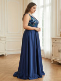 Plus Size Women’s Elegant V Neck Sequin Embroidered Satin Formal Party Long Dress