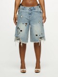 Summer Women’s Low Waist Distressed Ripped Wide Leg Knee Length Denim Shorts
