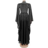 Women’s Elegant Beaded Chiffon Flutter Sleeve Flare Evening Dress