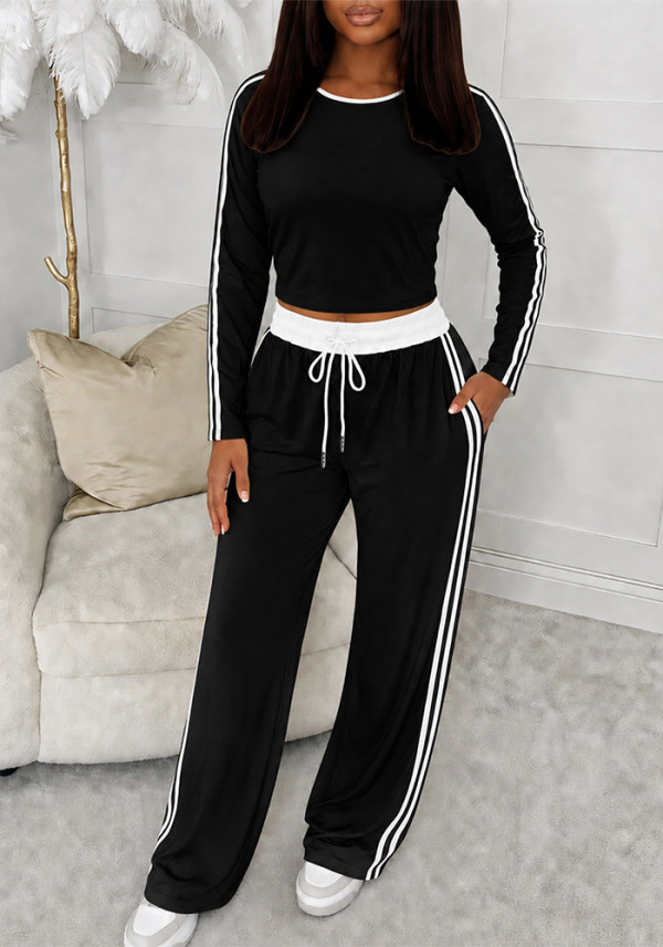 Spring Autumn Women’s Casual Long Sleeve Color Block Striped Top and Pants Two Piece Set