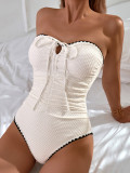 Women Strapless Drawstring Ruched Ruffle Edge One Piece Swimsuit