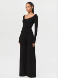 Women’s U Neck Low Back Long Sleeve Stretch Slim Fit Wide Leg Yoga Jumpsuit