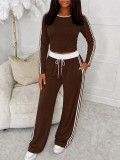 Spring Autumn Women’s Casual Long Sleeve Color Block Striped Top and Pants Two Piece Set