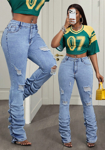 Women’s Fashion Ripped Slim Fit Stretch Bell Bottom Denim Pants