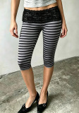 Women’s Fashion Striped Lace Waistband Tight Fitting High Stretch Slim Fit Basic Cropped Pants
