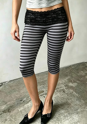 Women’s Fashion Striped Lace Waistband Tight Fitting High Stretch Slim Fit Basic Cropped Pants