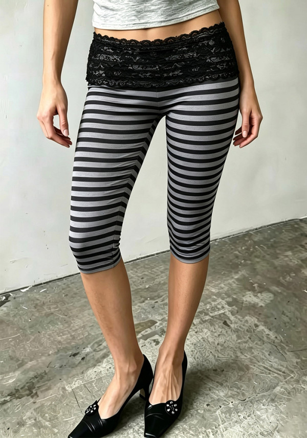Women’s Fashion Striped Lace Waistband Tight Fitting High Stretch Slim Fit Basic Cropped Pants