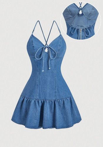 Summer Women’s Lace Up Strap Denim Dress