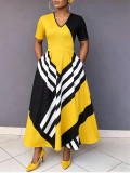 Women’s Elegant V Neck Geometric Color Block High Waist A Line Dress