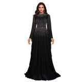 Women’s Elegant Beaded Chiffon Flutter Sleeve Flare Evening Dress