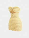 Women’s Strapless Textured Ruched Bodycon Night Mini Dress with Gold Floral Embellishment