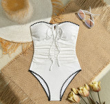 Women Strapless Drawstring Ruched Ruffle Edge One Piece Swimsuit