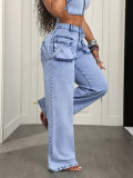 Women’s Trendy Multi Pocket Loose Straight Leg High Waist Denim Pants