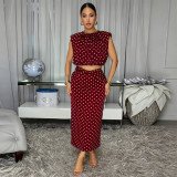 Women’s Polka Dot Sleeveless Round Neck Top Slim Waist Bodycon Skirt Two Piece Set