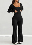 Women’s U Neck Low Back Long Sleeve Stretch Slim Fit Wide Leg Yoga Jumpsuit