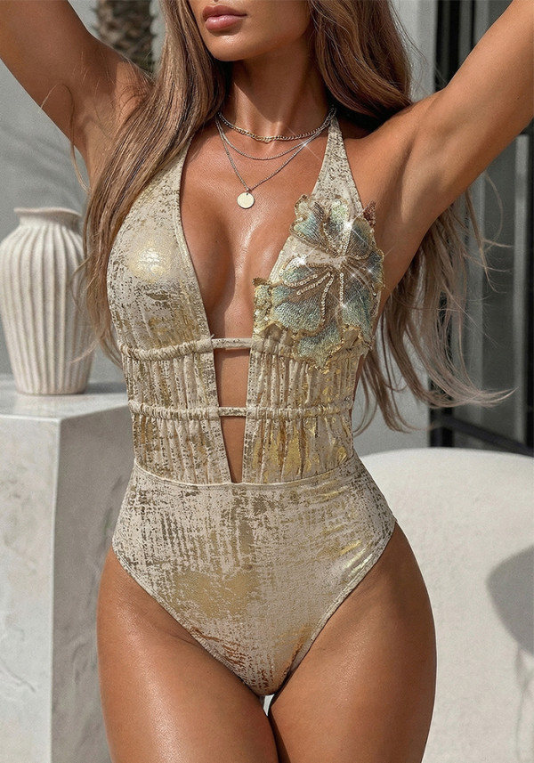 Women’s V Neck Low Back Printed One Piece Swimsuit