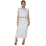 Women’s Polka Dot Sleeveless Round Neck Top Slim Waist Bodycon Skirt Two Piece Set