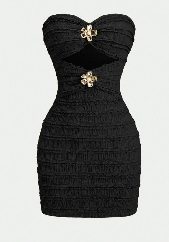 Women’s Strapless Textured Ruched Bodycon Night Mini Dress with Gold Floral Embellishment