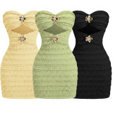 Women’s Strapless Textured Ruched Bodycon Night Mini Dress with Gold Floral Embellishment