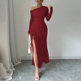 Women’s Fashion Sexy Chic Slash Shoulder Slim Waist Slim Fit Slit Long Dress
