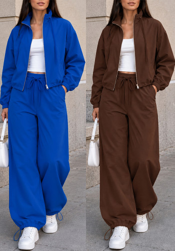 Autumn Winter Women’s Casual Loose Long Sleeve Zip Up Jacket Wide Leg Pants Two Piece Set