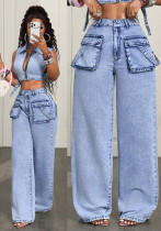 Women’s Trendy Multi Pocket Loose Straight Leg High Waist Denim Pants