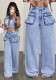 Women’s Trendy Multi Pocket Loose Straight Leg High Waist Denim Pants