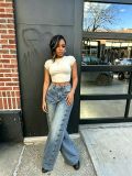 Women’s High Street Washed Side Multi Button Detail Wide Leg Denim Pants