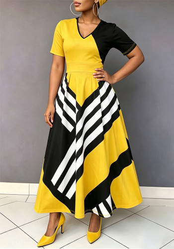 Women’s Elegant V Neck Geometric Color Block High Waist A Line Dress