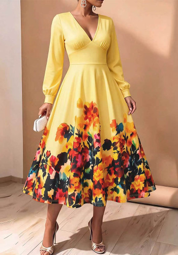 Plus Size Women’s Chic Elegant V Neck Printed Long Sleeve Slim Waist A Line Dress