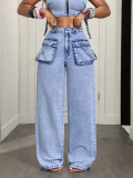 Women’s Trendy Multi Pocket Loose Straight Leg High Waist Denim Pants