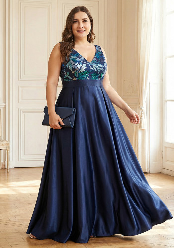 Plus Size Women’s Elegant V Neck Sequin Embroidered Satin Formal Party Long Dress