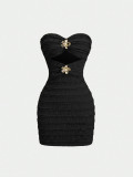 Women’s Strapless Textured Ruched Bodycon Night Mini Dress with Gold Floral Embellishment